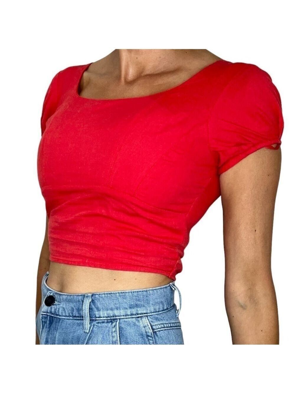 Japna red linen blend cropped puff sleeve top S